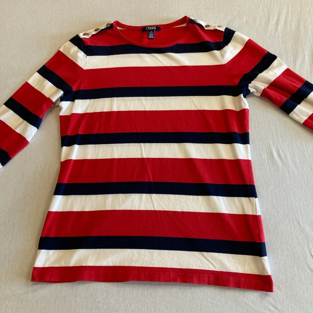 Chaps Top Womens Large Red White Navy Blue‎ Striped Button Shoulder L/S Blouse
